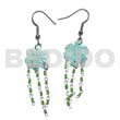 Glass Beads Earrings Dangling 15mm Grooved Aqua Blue Hammershell Flower W/ Looped Cut Beads