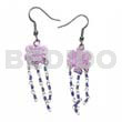 Glass Beads Earrings Dangling 15mm Grooved Pastel Pink Hammershell Flower W/ Looped Cut Beads