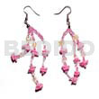 Glass Beads Earrings Dangling White Rose W/ Multicolored Sequins / Pink