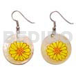 Hand Painted Earrings Dangling 35mm Round Hammershell W/ Handpainted Sunflower Accent
