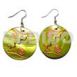 Hand Painted Earrings Dangling Round 35mm Kabibe Shell In Green Color W/ Embossed Handpainted Design