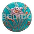 Hand Painted Pendants Round 35mm Blue Green Hammershell / Handpainted Design - Floral/embossed