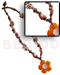 Shell Necklace 2 Layer Knotted Brown Cord W/ Buri, Shells, Metal & Wood Beads Accent And Orange Hammershell Flower W/ Groove Pendant