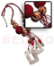 Shell Necklace Tassled 3 Rows Wax Cord W/ 15mm,20mm And 25mm Hanpainted And Velvet Wrapped Round Wood Beads W/ Dangling 50mmx38mm Rectangular Kabibe Shells W/ Wood Beads / Deep Red And Gold Tones/ 16in Plus 3in Tassles