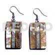 Resin Earrings Dangling 33mmx20mm Laminated Brownlip/hammershell Cracking Combi W/ Inlaid Metal And Black 6mm Resin Backing