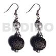 Wooden Earrings Dangling Coco Pklt And 15mm Nat.wood Bead In Textured Brush Painting W/ Silver Metallic Splashing Accent