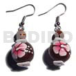 Wooden Earrings Dangling 15mm Robles Round Wood Beads W/ Handpainted Flower And White Rose Combi