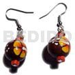 Wooden Earrings Dangling 15mm Robles Round Wood Beads W/ Handpainted Flower And White Rose Combi