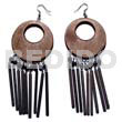Wooden Earrings Dangling 50mm Round Nat. Black Wood W/ 20mm Inner Hole And Dangling 45mm 9pcs. Rounded Wood Sticks/ W/ Clear Matte Coat Finish